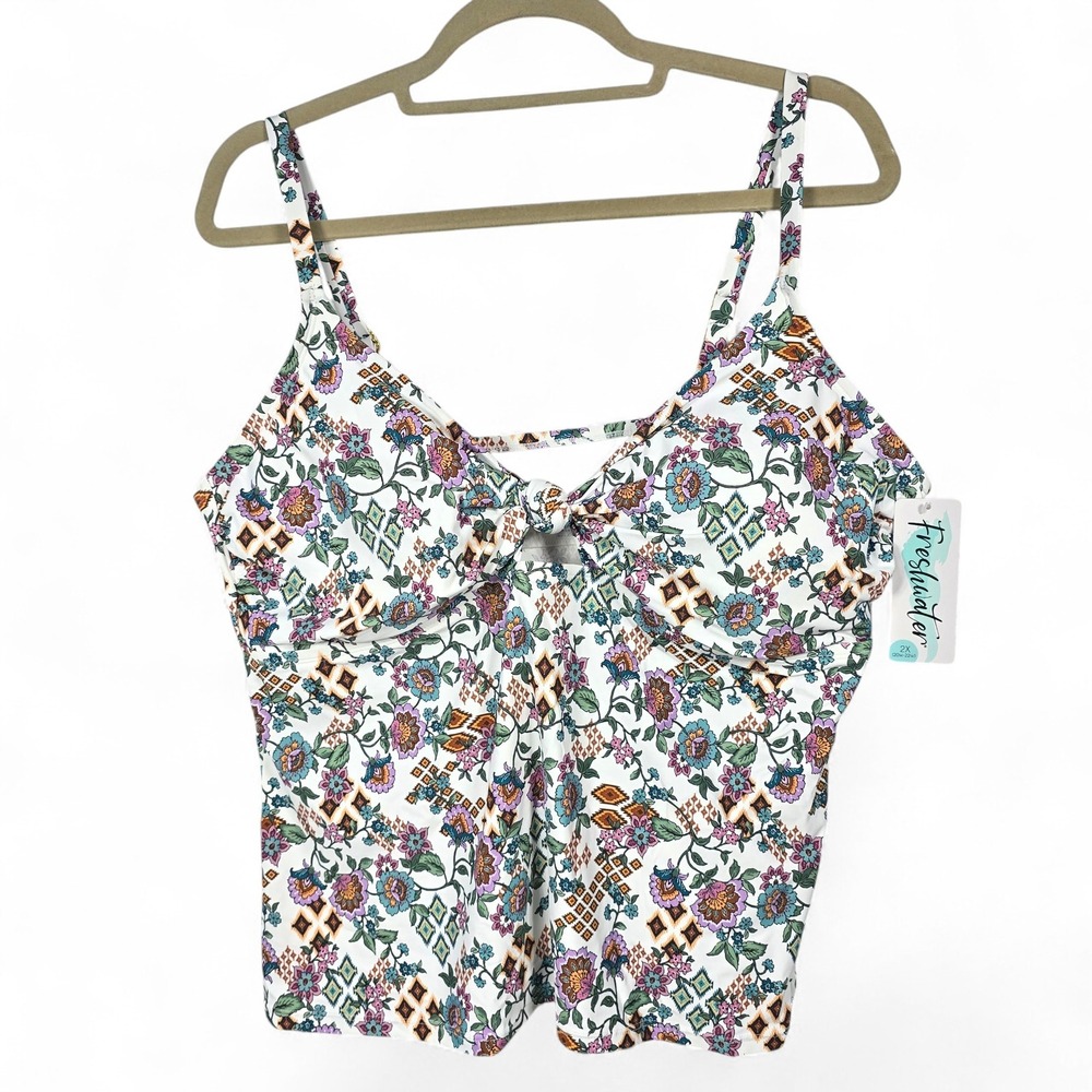 Freshwater Floral Tie Front Tankini Swim Top Plus Size 2X White Multi NEW